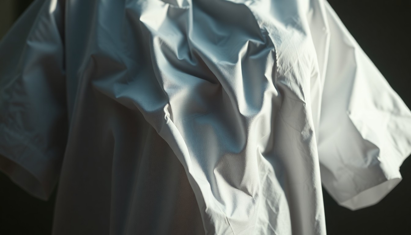 An extreme close-up of a heavily textured, crumpled hospital gown in shimmering silver and blue hues, captured in dramatic studio lighting to convey the emotional intensity and high-stakes drama of a medical television series.