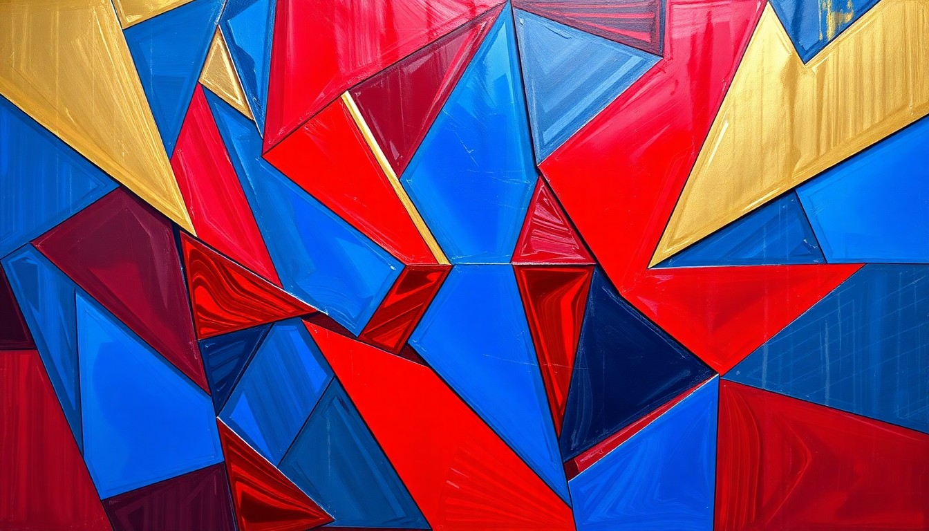 A fragmented, cubist-style painting depicting the dynamic movements and energy of a WNBA basketball game, with overlapping geometric shapes and planes in a vibrant color palette.