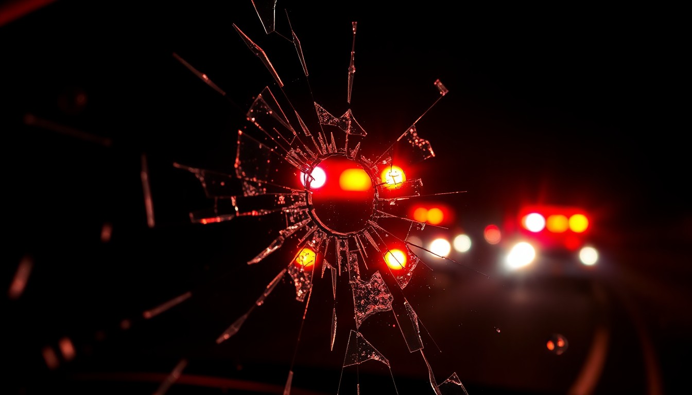 An extreme close-up photograph of shattered car window glass reflecting the flashing lights of emergency vehicles, conveying the sudden and violent nature of a hit-and-run incident.
