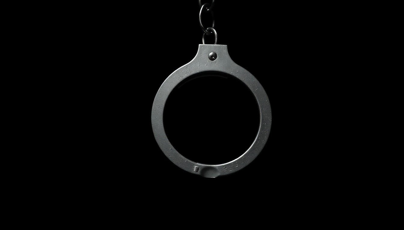 An extreme close-up of a metal handcuff against a dark background, dramatically lit by a harsh camera flash to create a stark, gritty visual metaphor for a tense police encounter.