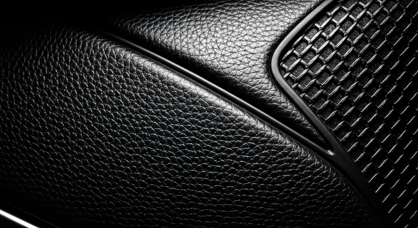 An extreme close-up photograph of a textured automotive material, such as pebbled leather or woven mesh, dramatically lit to highlight the intricate patterns and raw materials of the industry.