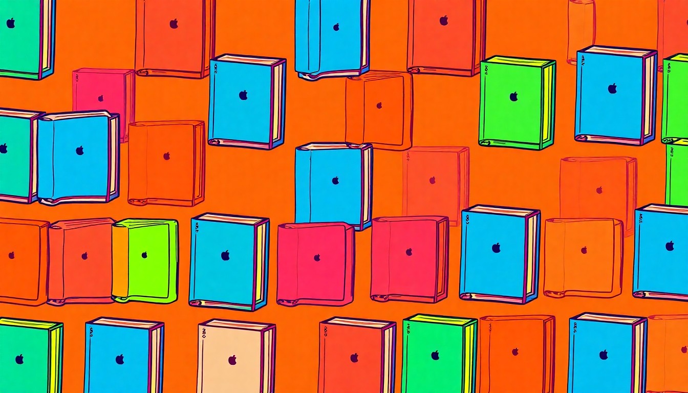 A brightly colored, high-contrast silkscreen print of a single, iconic book repeated in a tight grid pattern, representing Emily Bonavia's love of reading and her understated but meaningful contributions to her community.