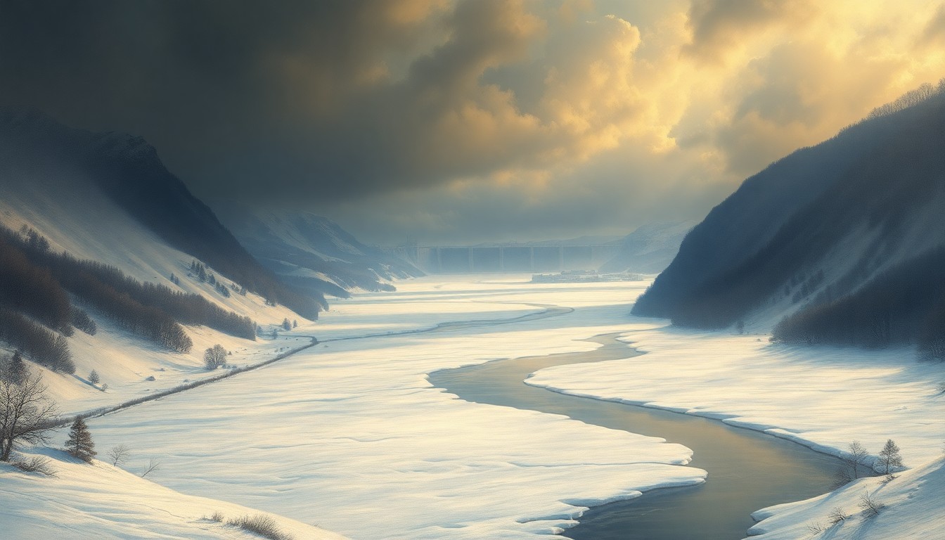 A sweeping, atmospheric landscape painting depicting a frozen river valley with the Cheboygan Lock and Dam Complex in the distance, dwarfed by the overwhelming scale of the natural environment. The scene conveys a sense of melancholic awe at the power of the elements, with dramatic lighting and deep perspective.