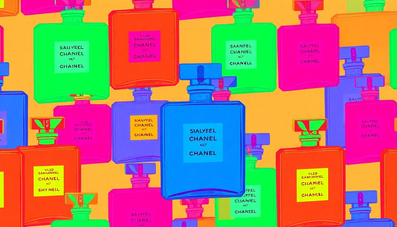 A vibrant, high-contrast silkscreen print featuring a single iconic perfume bottle repeated in a grid pattern, rendered in a bold, neon color palette with heavy black outlines in the style of Andy Warhol. The image captures the nostalgic appeal and modern refinement of classic fragrance scents.