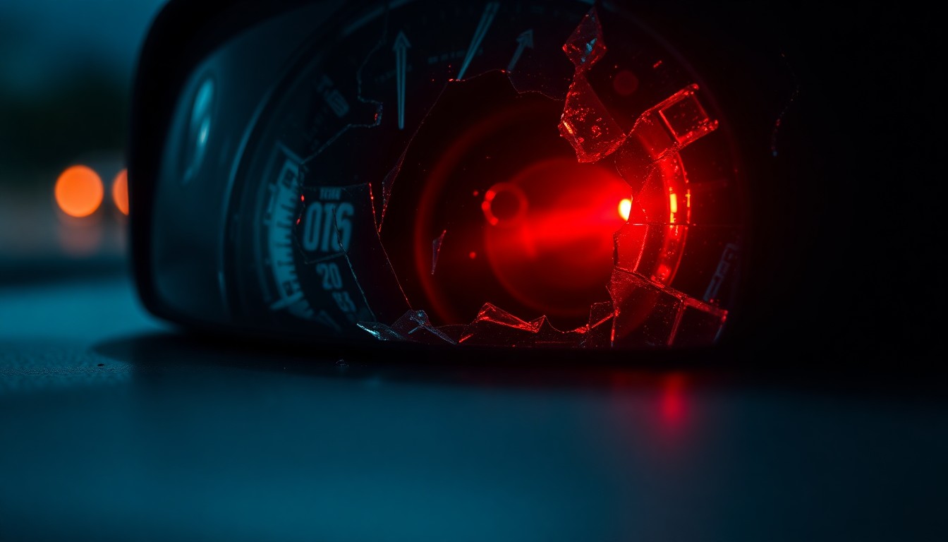 An extreme close-up of a shattered car sensor lens reflecting a faint red light, conceptually illustrating the impact of a fatal highway crash.