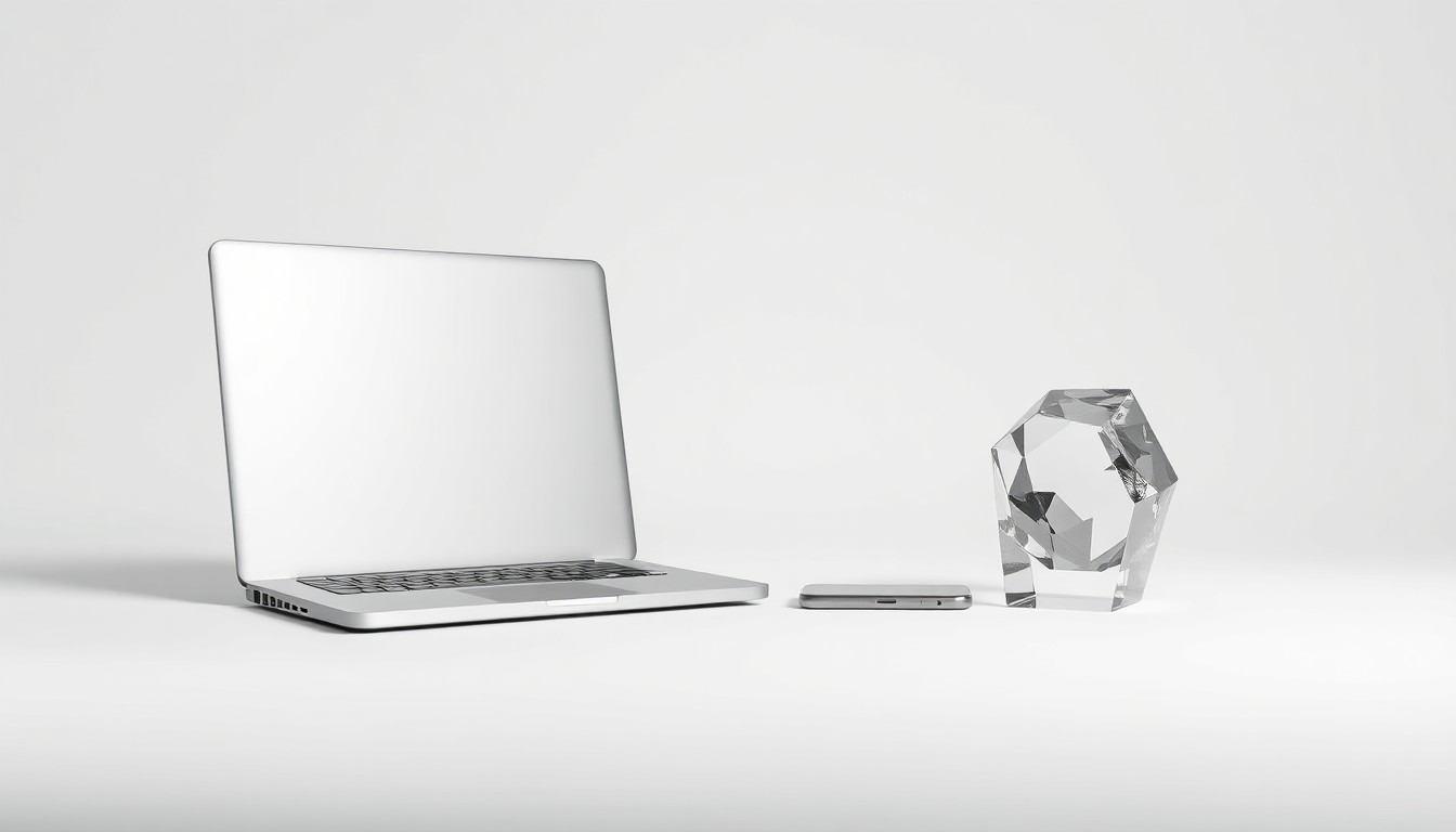A photorealistic studio still life featuring a polished metal laptop, sleek smartphone, and geometric glass paperweight arranged elegantly on a clean white background, conceptually representing the enterprise software, mobile connectivity, and data analytics at the heart of the KORE Group and ServiceTitan business models.