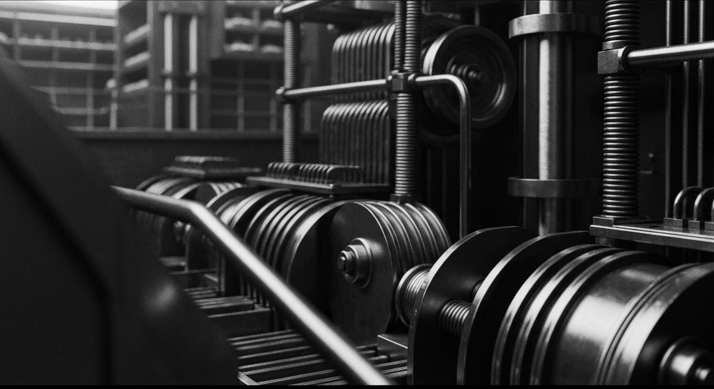 A high-contrast, close-up image of complex financial machinery and banking infrastructure, representing the underlying financial dynamics between Stem and TaskUs.