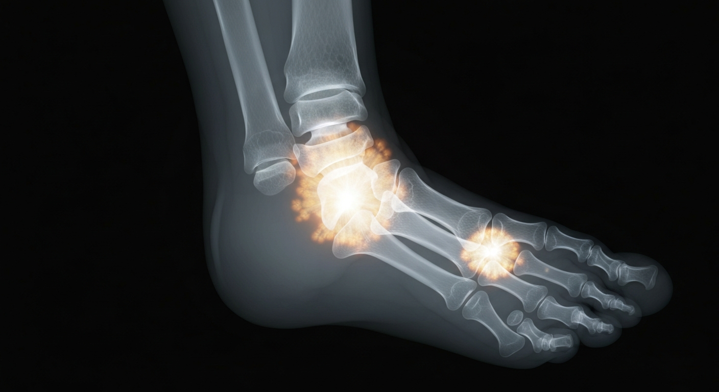 A translucent X-ray photograph showing the internal structure of a human foot, with the fungal infection of athlete's foot visible as glowing, ghostly lines against a dark background, conveying the hidden medical risks of this common condition.
