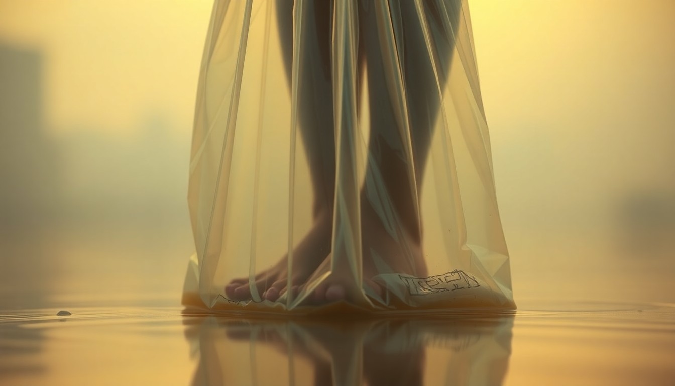 An extremely abstracted, out-of-focus photograph of a person's feet stepping into a plastic grocery bag filled with water, creating a soft, dreamy scene in warm, hazy colors that conceptually represents the ease of removing beach sand.