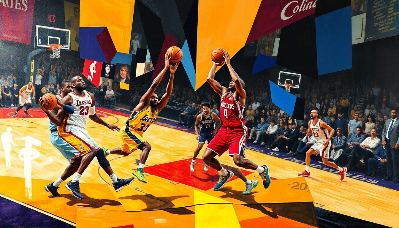 A cubist, geometric painting depicting the dynamic energy and movement of a basketball game, with the players' figures fragmented and abstracted into sharp, overlapping planes of color and form.