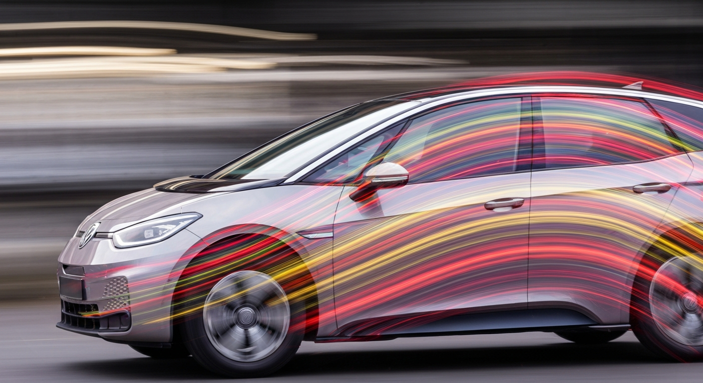 An abstract, blurred image of a Volkswagen ID.3 electric vehicle in motion, conveying a sense of speed, modern engineering, and travel through the use of vibrant color streaks and a dynamic, panning composition.