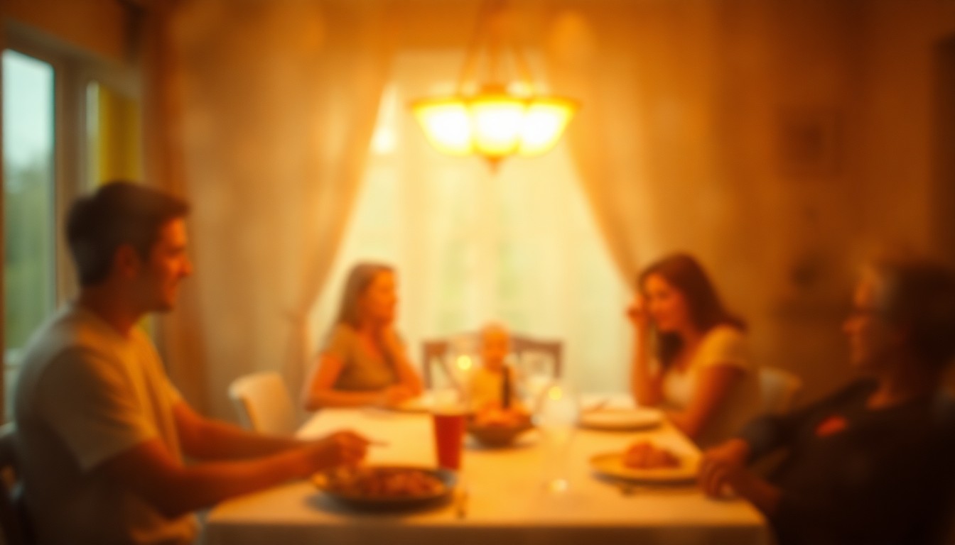 An impressionistic, out-of-focus scene of a family gathered around a dining table, with soft, warm light and color creating a sense of intimacy and nostalgia.