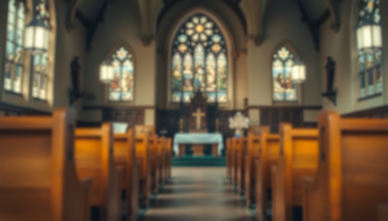 A softly focused, atmospheric photograph of a Catholic church interior, with blurred pews, an altar, and stained glass windows, conveying a sense of reverence and spiritual reflection.