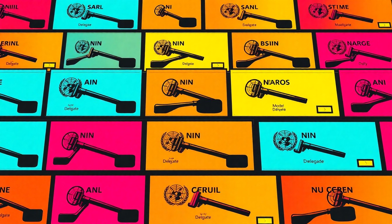 A grid of brightly colored, high-contrast silkscreen prints depicting a Model UN delegate nameplate or gavel, conceptually representing the teamwork, critical thinking, and diplomatic skills of the MSU students who won the Outstanding Delegation Award.
