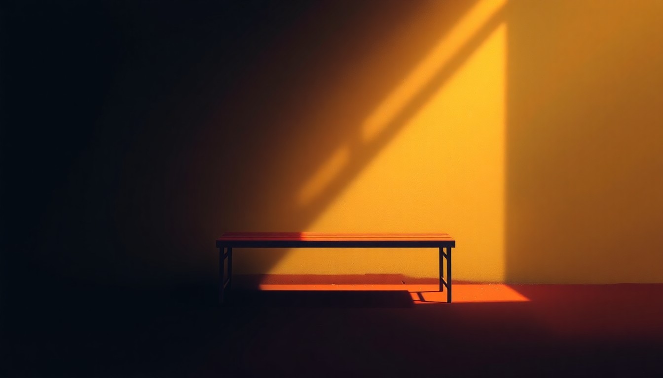 A warm, cinematic painting depicting a solitary rainbow-colored bench or planter box in a shadowy urban setting, conveying a sense of quiet resilience and community pride in the face of adversity.