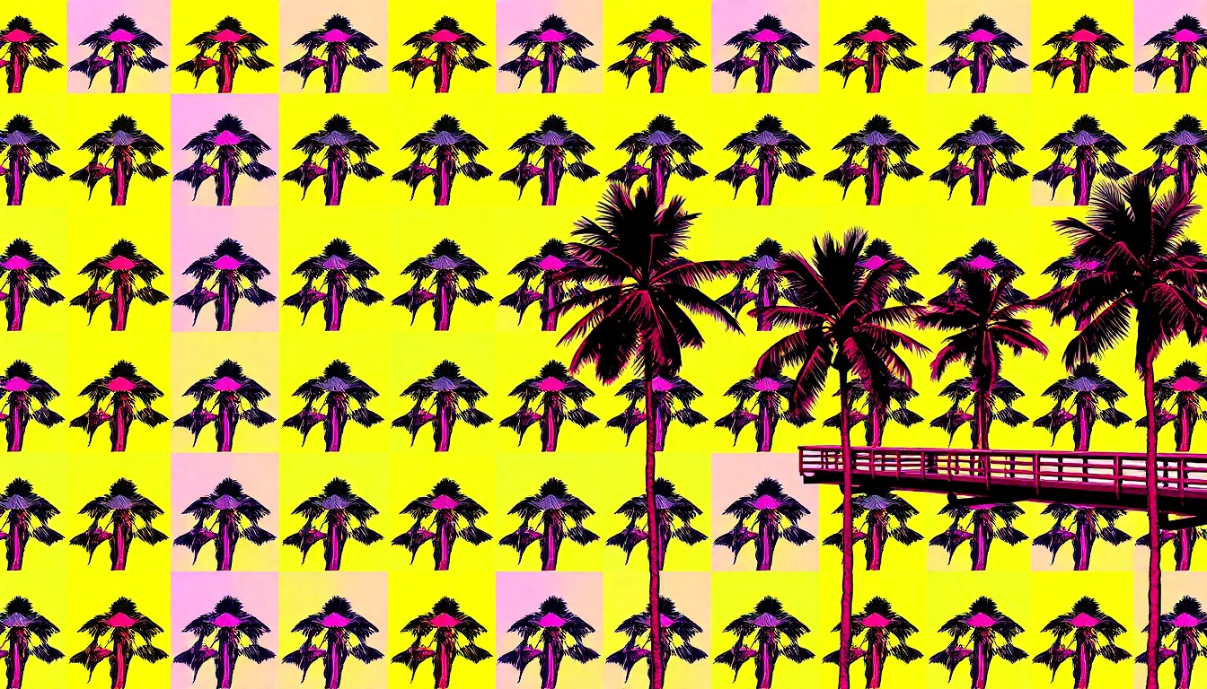 A high-contrast, silkscreen-style illustration featuring a repeated iconic Fort Myers Beach object, such as a palm tree or beach umbrella, in a grid of bright, unnatural colors and heavy black outlines, conceptually representing the town's unique coastal identity.