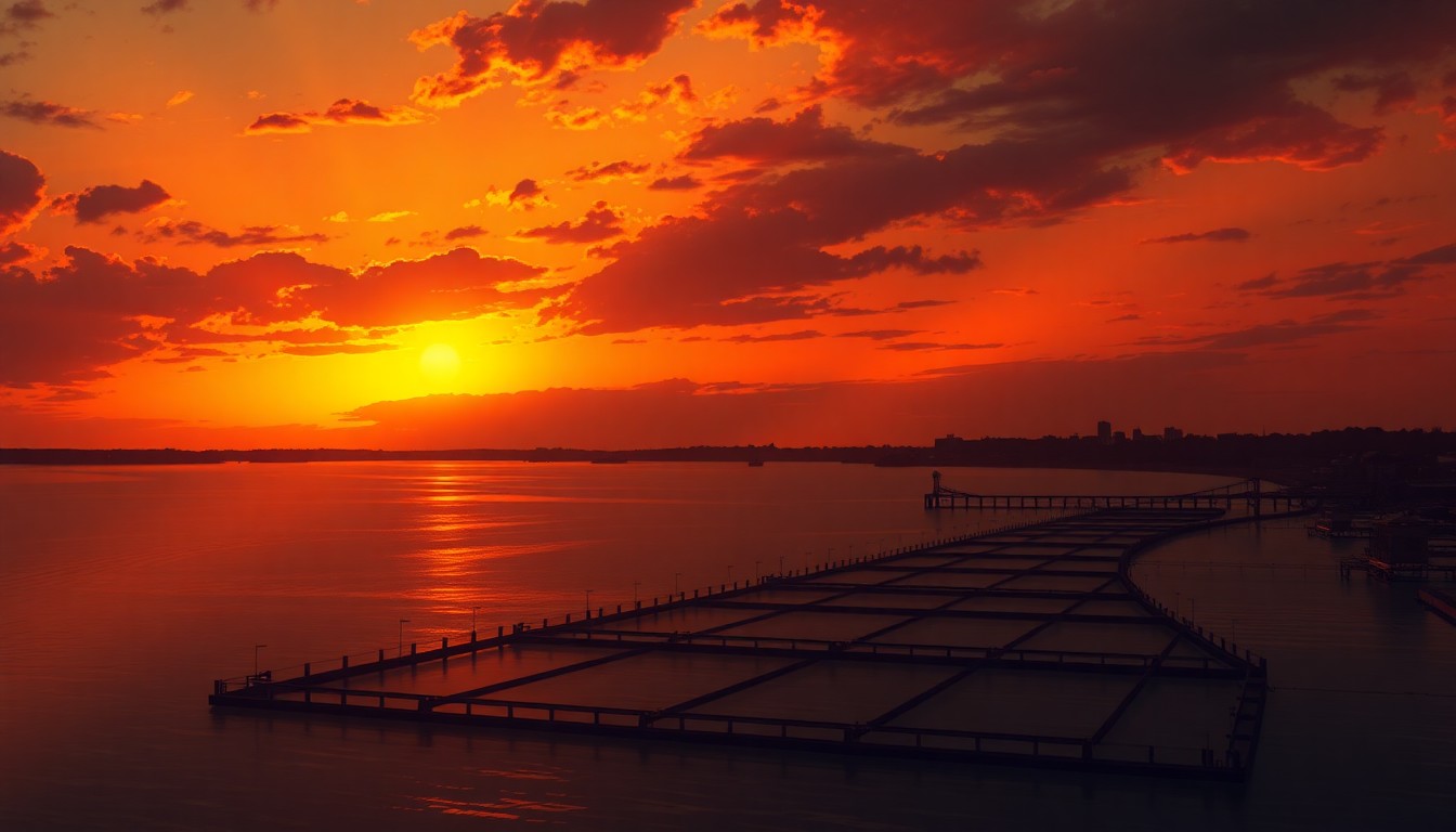 A serene, painterly scene of the Charleston Battery waterfront at sunset, with the outline of planned flood protection infrastructure visible in the foreground, conveying the importance of this critical infrastructure project for the coastal city.