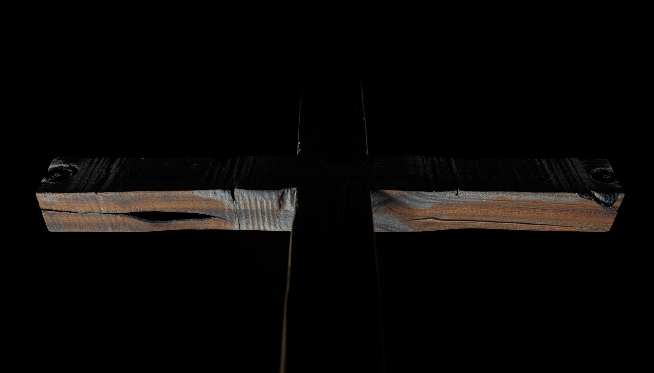An extreme close-up photograph of the charred remains of a wooden church cross, capturing the gritty, investigative nature of the crime scene through dramatic lighting and stark contrast.