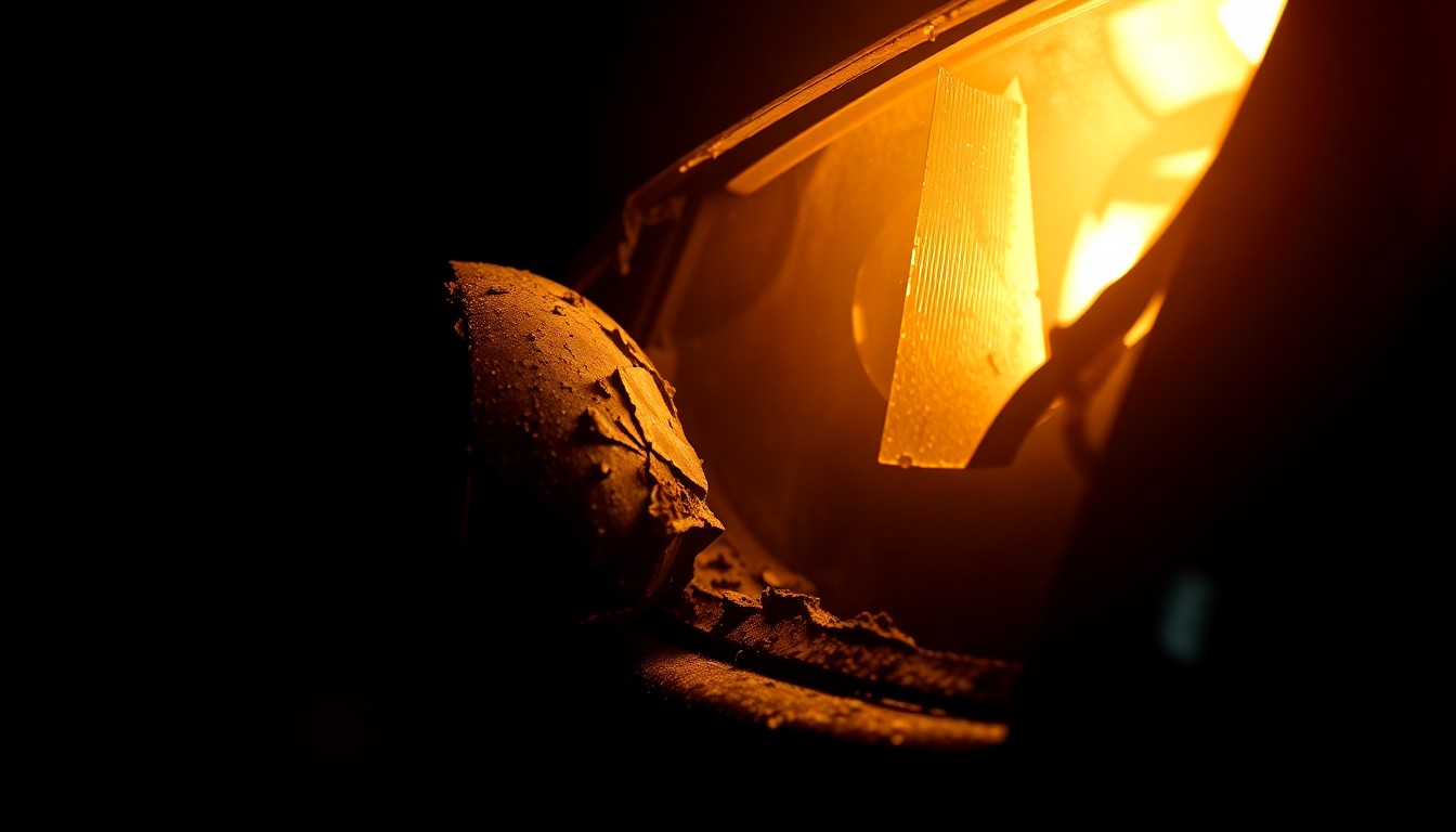 An extreme close-up photograph of a charred and twisted car part, such as a melted side mirror or a crumpled fender, lit by a harsh, direct camera flash against a pitch-black background, conceptually illustrating the aftermath of a vehicle collision and fire.