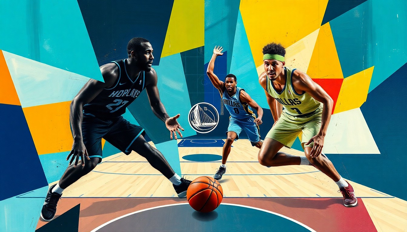 A cubist-style painting depicting a basketball game in a fractured, geometric style, with the players' forms broken down into abstract shapes and planes of color, conveying the analytical nature of evaluating the NBA Rookie of the Year candidates.