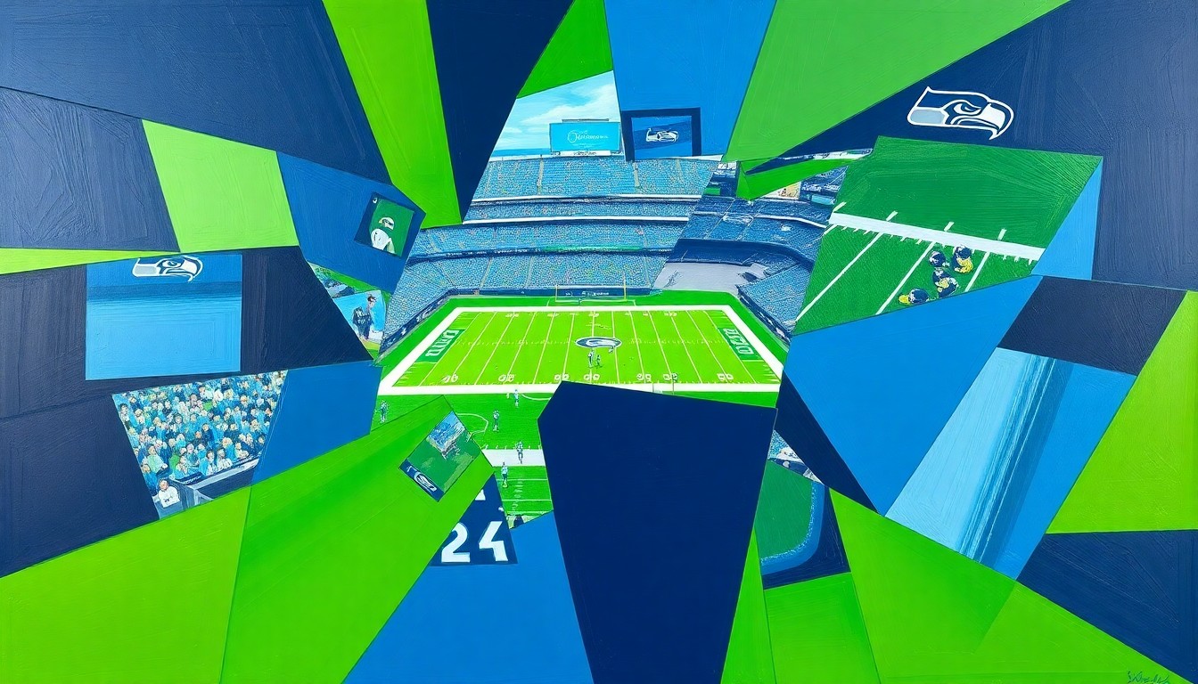 A fragmented, cubist-style painting depicting a Seattle Seahawks football game, with sharp geometric shapes and planes in the team's official colors of blue, green, and navy, conceptually representing the strategic complexity and unpredictability of the team's draft plans.