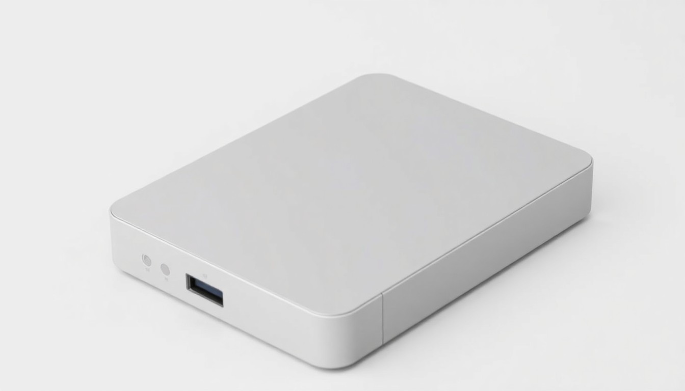 An extreme close-up of a minimalist, matte black external hard drive with clean lines and subtle metallic accents, conceptually representing the expanded storage capabilities enabled by Microsoft's FAT32 update.