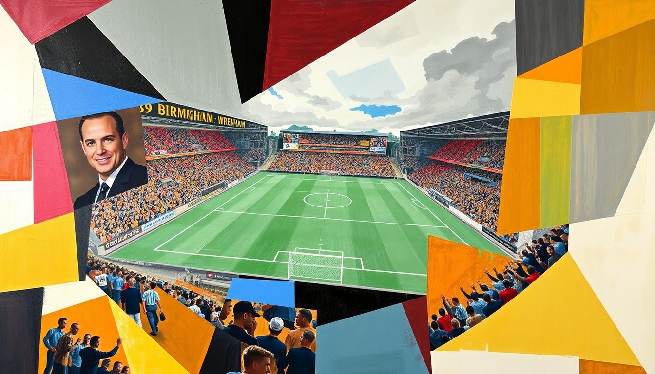 A cubist, geometric painting depicting a fractured, multi-perspective scene of a football match, with sharp planes of color and form representing the action on the pitch.