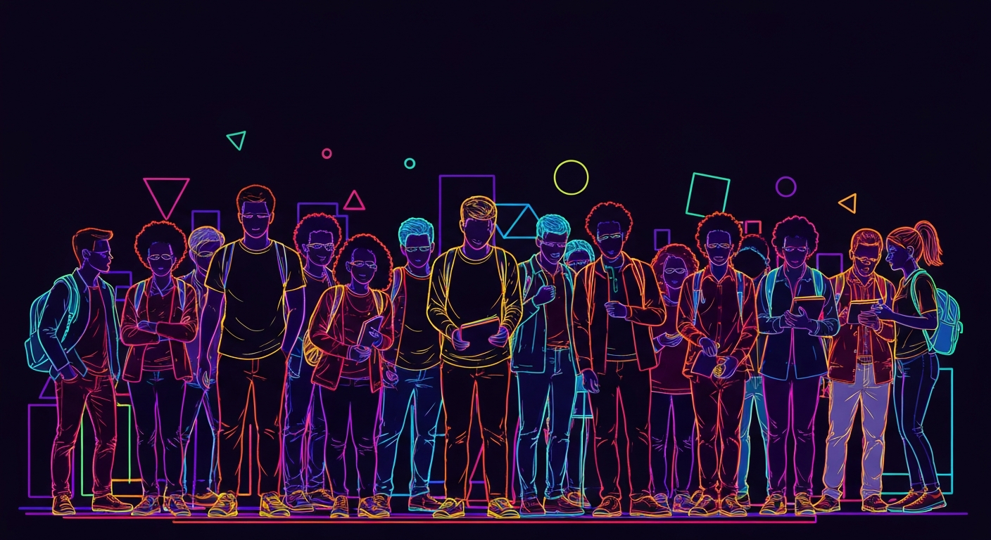 A colorful, minimalist illustration featuring glowing neon outlines of a group of students gathered together, conveying a sense of energy, connection, and emotional expression.