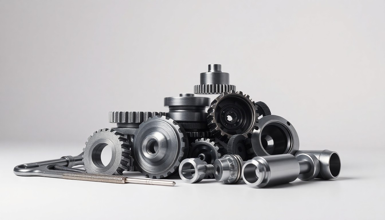 A photorealistic studio shot of a stack of shiny metal automotive parts and tools, arranged elegantly on a clean, monochromatic background, conveying the abstract corporate strategy and finance behind the auto parts industry.