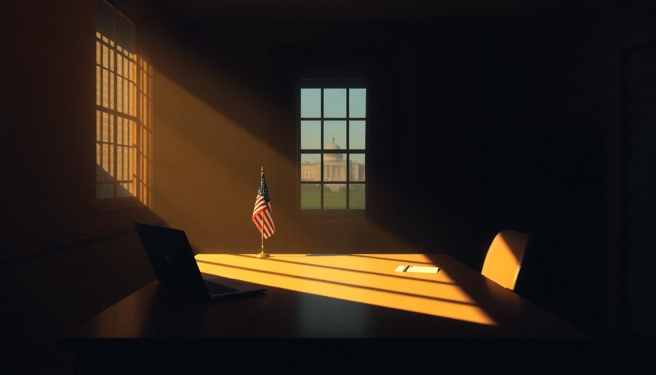 A dimly lit, cinematic painting of a solitary government office desk with a laptop and American flag, bathed in warm, diagonal sunlight and deep shadows, conceptually representing the strained diplomatic negotiations between the US and Iran.