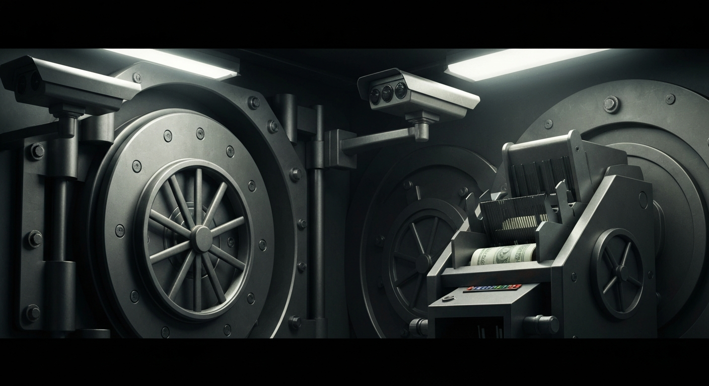 An extreme close-up of various heavy, industrial banking components like vault doors, security cameras, and cash counting machines, all dramatically lit against a dark background to represent the institutional strength and security of Foresight Bank.