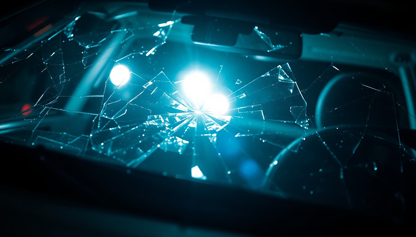 An extreme close-up of a shattered car windshield reflecting the harsh light of a camera flash, conveying the gritty, investigative nature of a tragic accident scene.