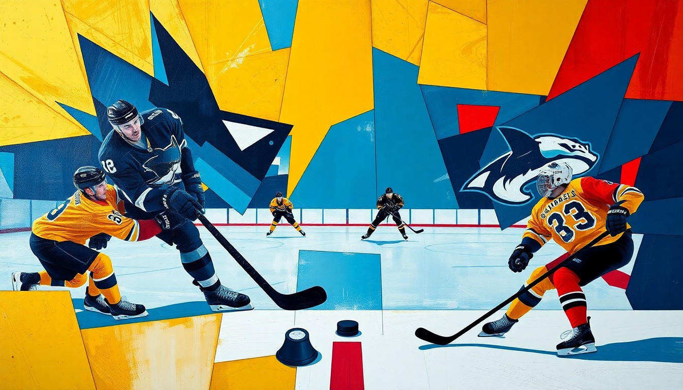 A fragmented, cubist-style painting depicting the intense action of a hockey game between the San Jose Sharks and Nashville Predators, with the players and puck represented as angular, overlapping geometric shapes in a vibrant color palette.
