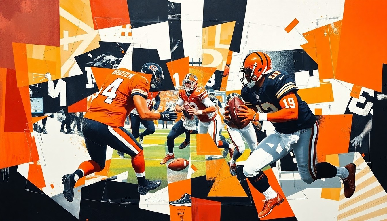 A fragmented, cubist-style painting depicting an NFL draft scene, with sharp geometric shapes and planes in bright orange, black, and white colors representing the dynamic action and strategic decision-making of the Bengals' draft process.
