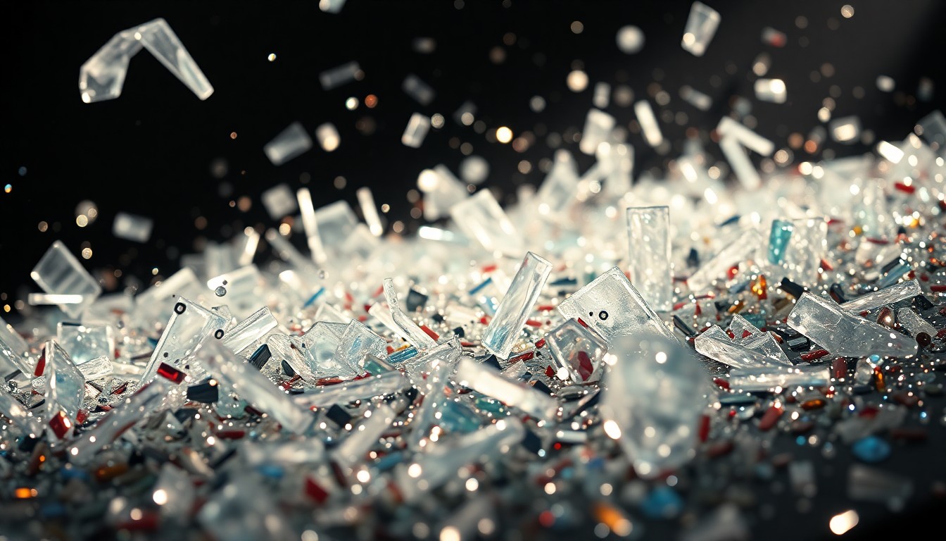 An abstract close-up image of shattered glass and glittering sequins, captured in dramatic, high-contrast studio lighting to convey the glamour and chaos of the Broadway stage production.