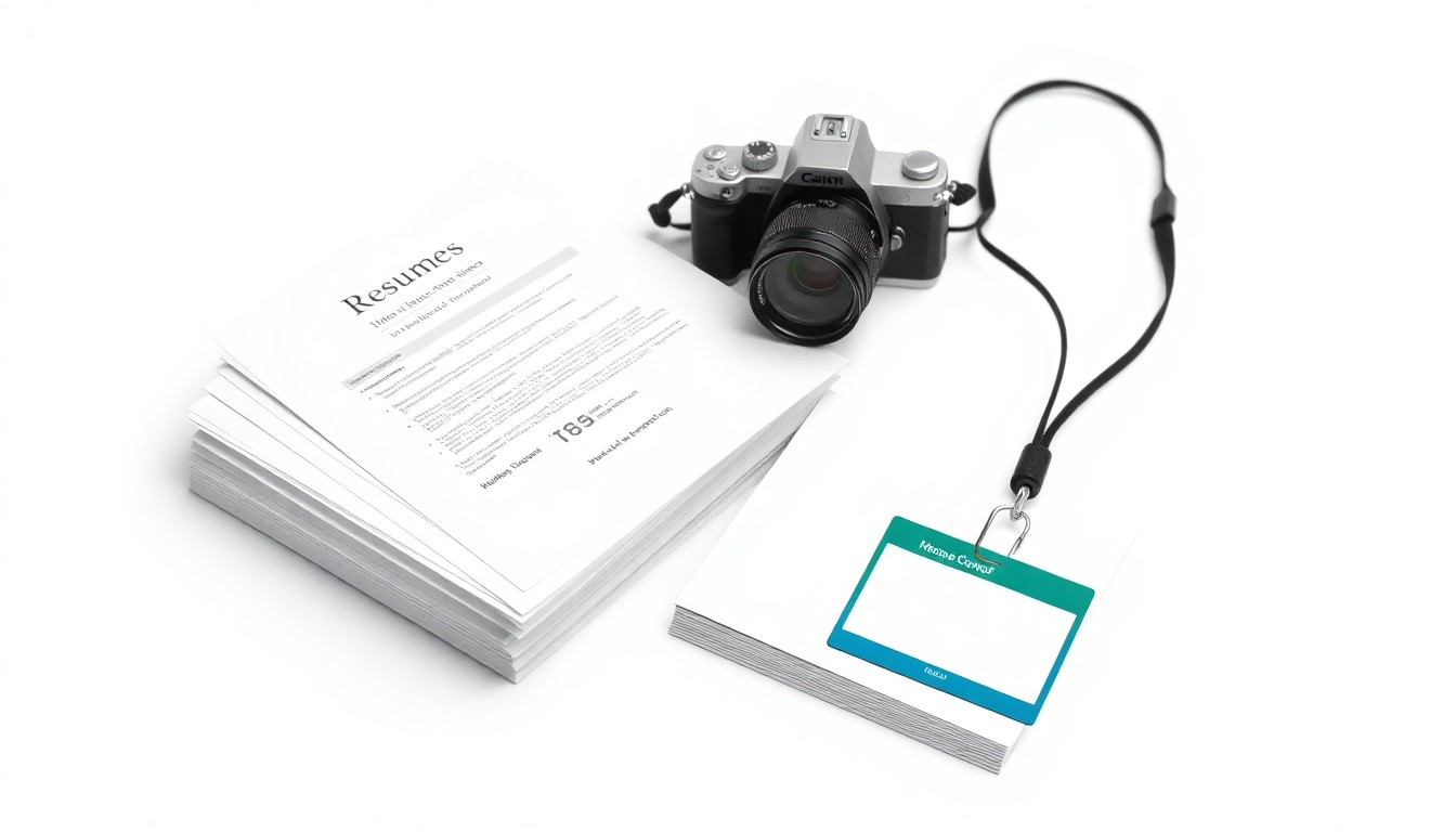 A minimalist studio still life photograph featuring a stack of resumes, a professional headshot camera, and a name badge, symbolizing the key elements of a successful job search.