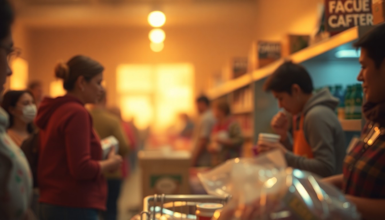 An extremely abstracted, out-of-focus photograph of a community food drive or pantry scene, with soft, warm pools of light and color creating an intimate, atmospheric mood.