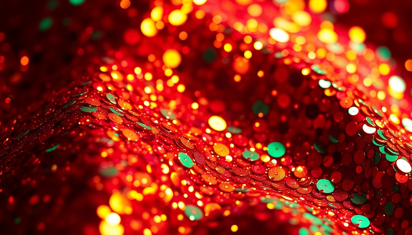 An extreme close-up photograph of shimmering, glittering sequins in a variety of warm, jewel-toned colors, using dramatic, high-contrast studio lighting to create a luxurious, high-fashion aesthetic focused on material texture and light.