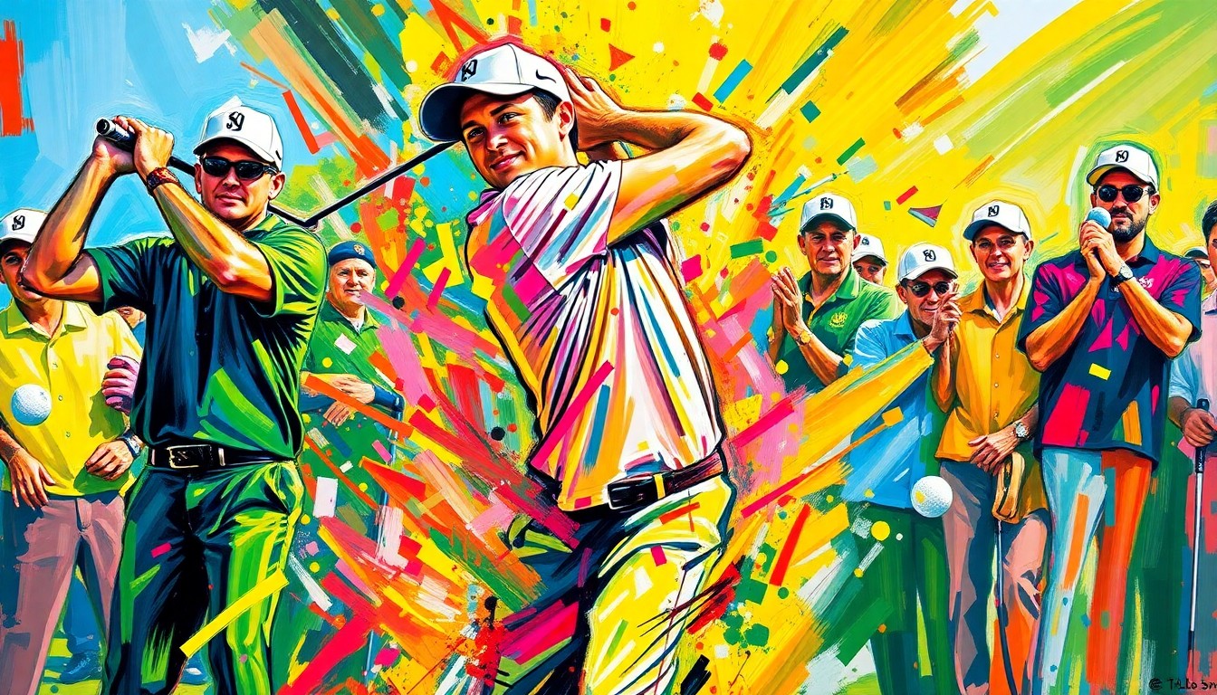 An abstract, expressionist painting featuring dynamic, neon-colored brushstrokes representing the energy and emotion of Rory McIlroy's golf swing and victory, with the faint outlines of his parents in the background.