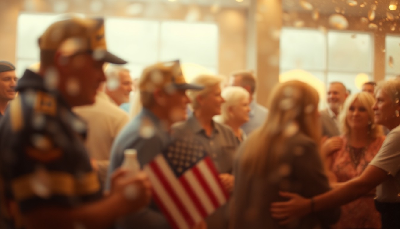 An abstract, impressionistic scene of blurred figures in warm, hazy light, conceptually representing the meaningful connections and tributes shared during the Rocky Mountain Honor Flight telethon.