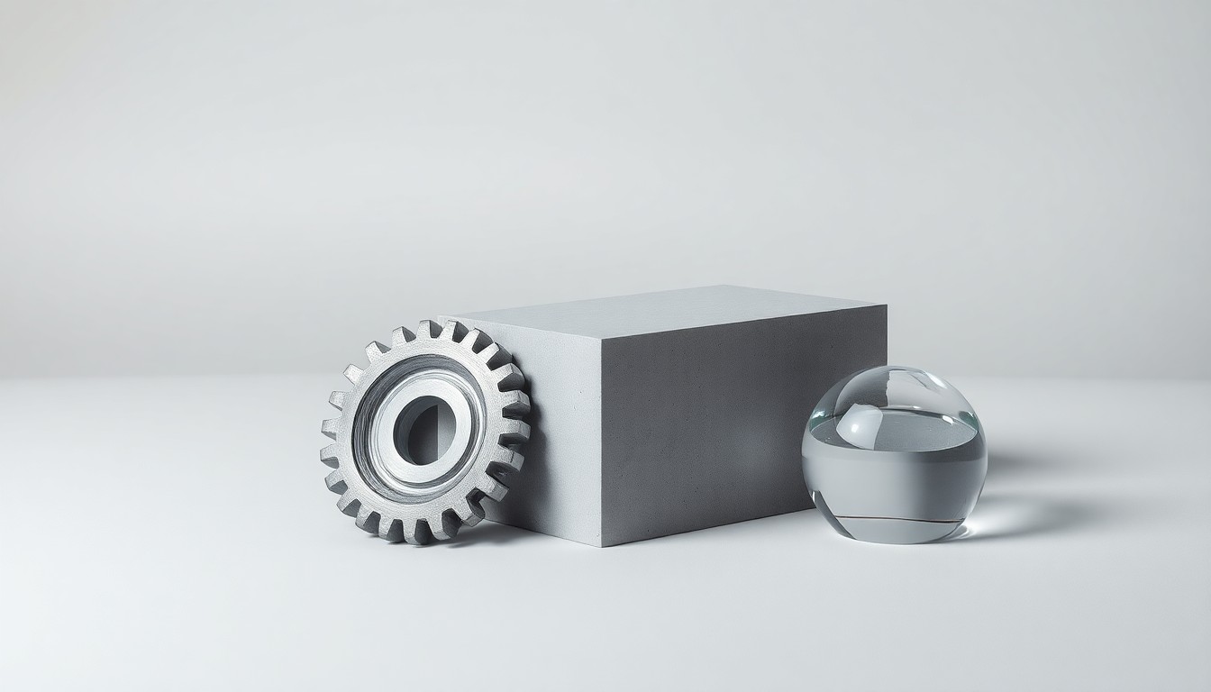 A high-end, photorealistic studio still-life photograph featuring a polished metal industrial gear, a sleek concrete block, and a smooth glass paperweight arranged elegantly on a clean, monochromatic seamless background, conceptually representing FRP's focus on industrial development, asset management, and financial discipline.
