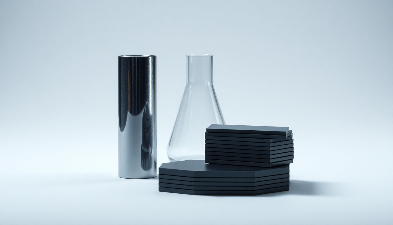 A high-end, photorealistic studio still-life photograph featuring a polished metal cylinder, a glass beaker, and a stack of silicon wafers arranged elegantly on a clean, monochromatic seamless background, conceptually representing ASP Isotopes' diverse product portfolio and strategic positioning.