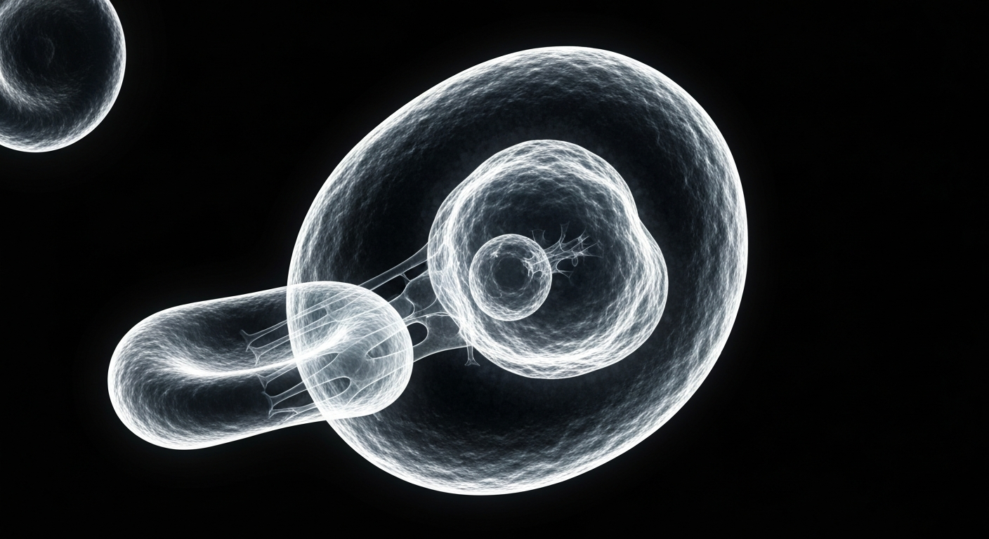 An extreme close-up X-ray photograph showing the ghostly, translucent outline of a human red blood cell with an abnormal sickle shape, conceptually representing the medical challenges of sickle cell disease.