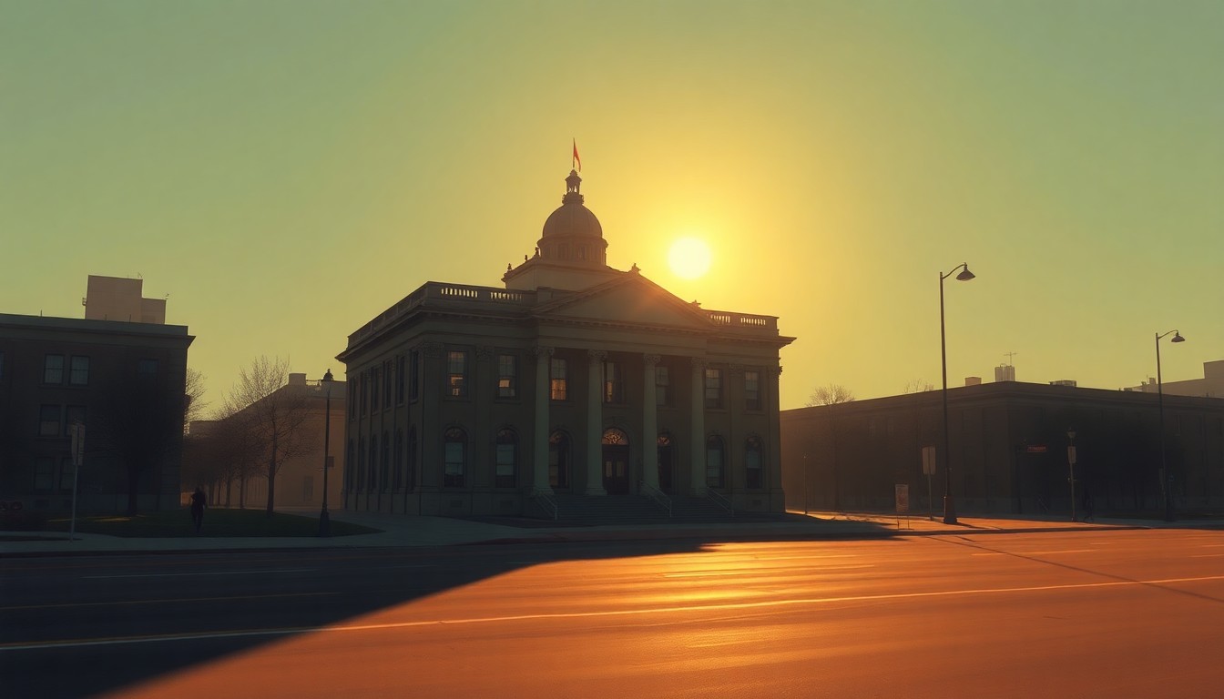 A serene, painterly depiction of a municipal building in warm, muted tones, capturing the quiet contemplation of civic leadership and community development.