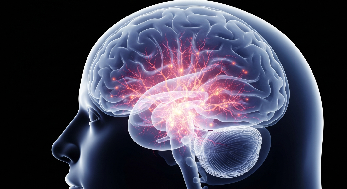 A highly detailed, translucent X-ray photograph of a human brain, with the neural structures and pathways glowing against a dark background, conceptually representing the complex relationship between mental health and addiction.