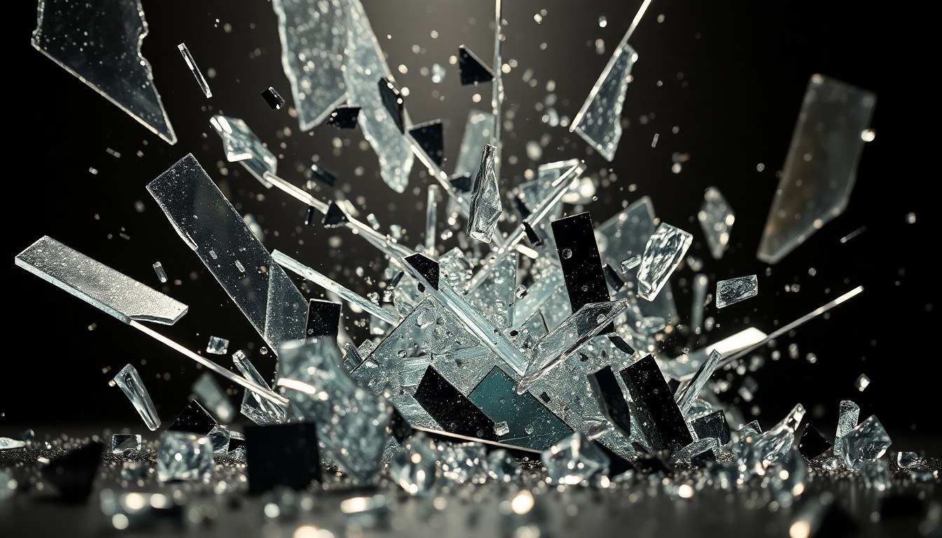 An abstract close-up photograph featuring shards of shattered glass and glittering metal fragments, capturing the chaotic and disorienting nature of Weinberg's departure from Slipknot.
