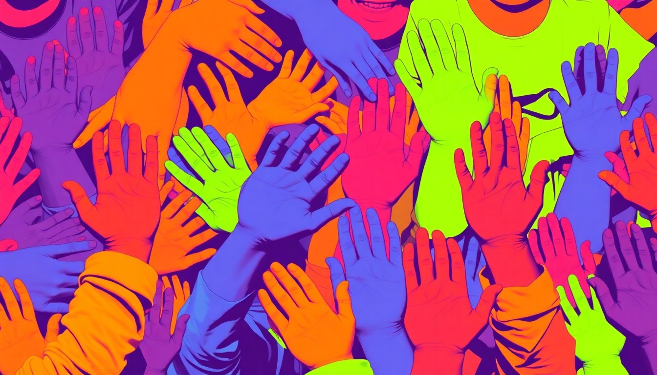 A highly stylized, silkscreen-inspired illustration depicting a grid of brightly colored, abstracted hands engaged in a craft activity, representing the interactive and engaging nature of the Summer of Possibilities Fair.