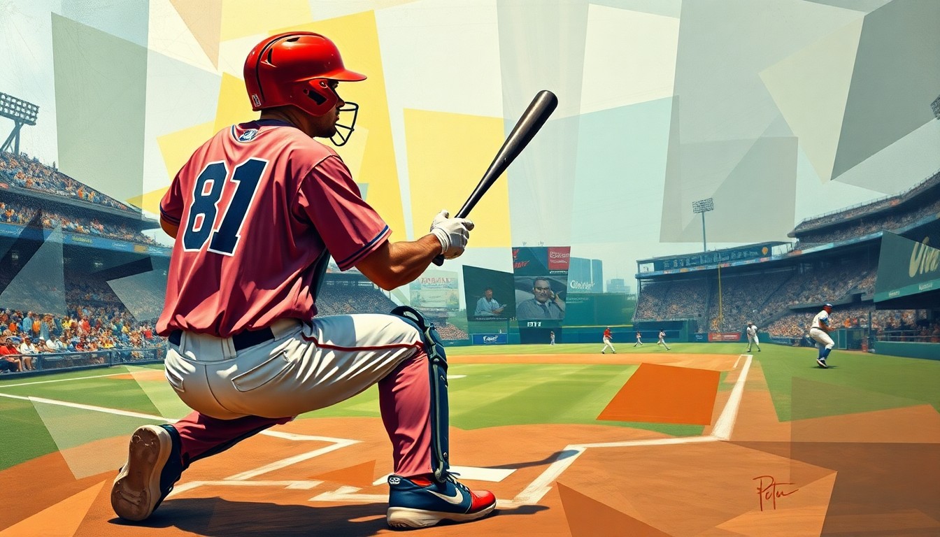 A cubist, geometric painting depicting the dynamic motion and multiple perspectives of a baseball game, with a focus on the catcher's position and the energy of the sport.