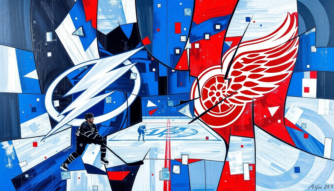 A dynamic, geometric painting in bold colors representing a hockey game between the Tampa Bay Lightning and Detroit Red Wings, with the players and action deconstructed into sharp, overlapping planes.