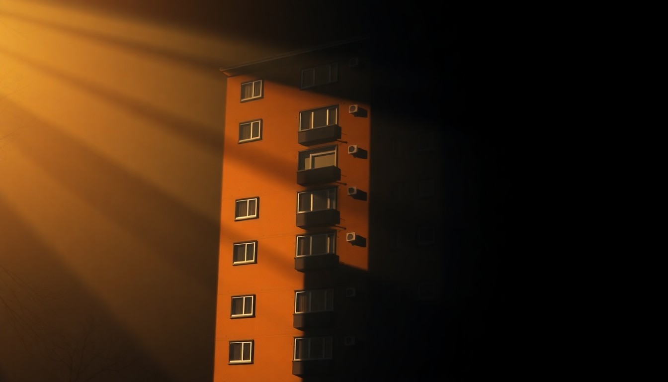 A serene, photorealistic painting of a multi-story apartment building in soft, warm tones, with deep shadows and highlights that create a contemplative, cinematic mood around the challenges of urban housing affordability.